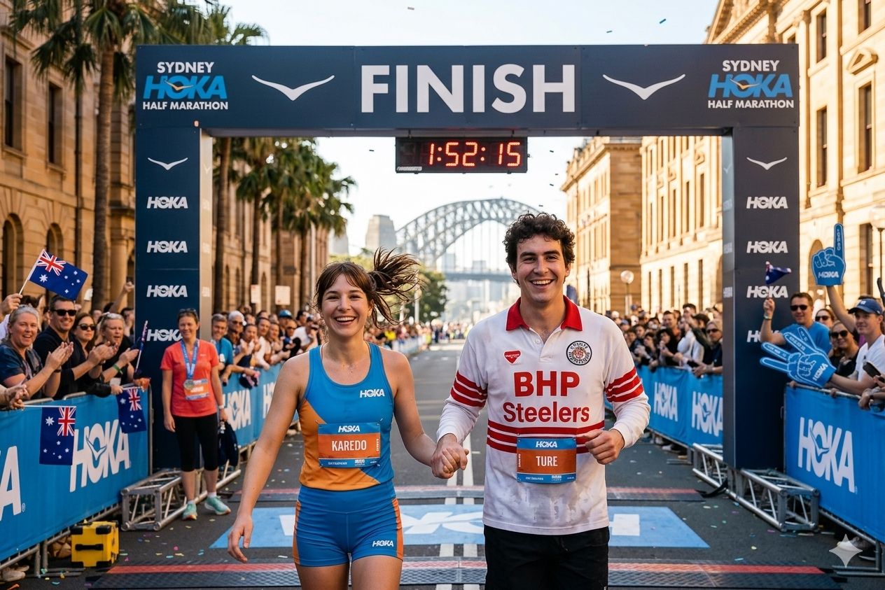 Karedo and Ture crossing the Sydney Half Marathon finish line together.